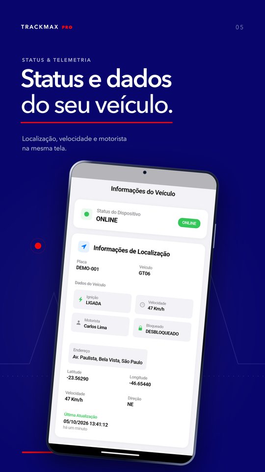 App TrackMax PRO: Status e telemetria